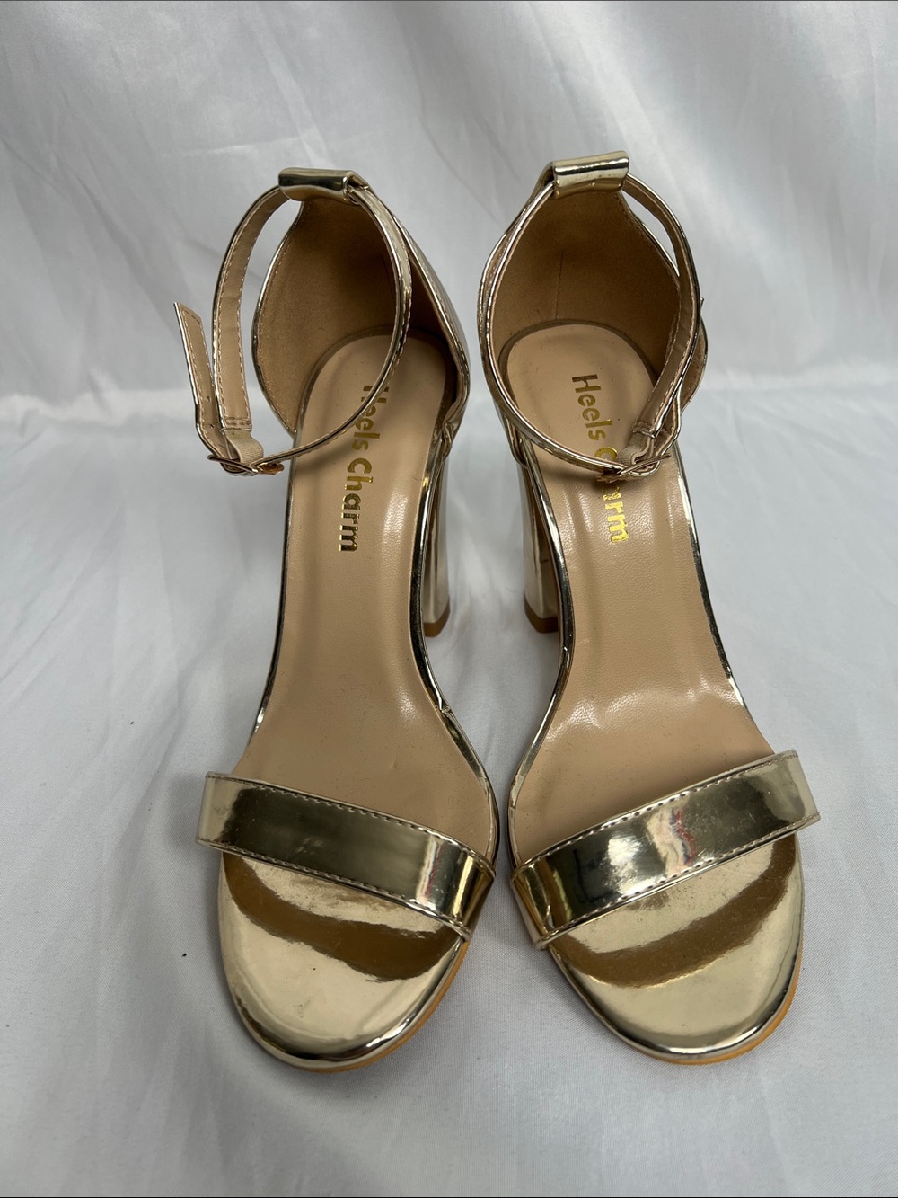 Women's Metallic Gold Ankle-Strap Block Heels